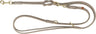 Lederne Hundeleine in Beige mit goldfarbenen Metallkarabinern und Ringen, doppelt gebunden.