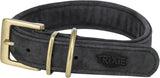 Grauer Gürtel mit messingfarbener Schnalle und zwei D-Ringen, Logo „TRIXIE“ geprägt, aus festem Material.