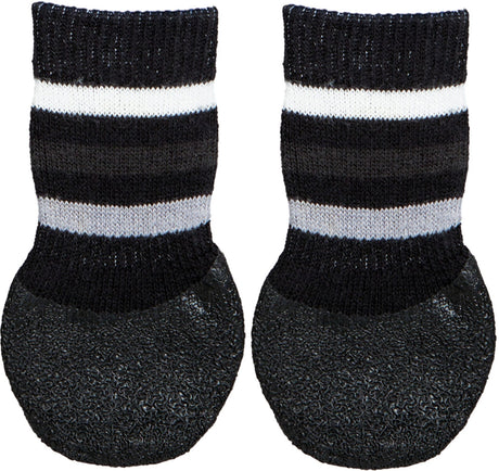 Zwei schwarz-weiß gestreifte Hundesocken mit rutschfester, strukturierter Sohle.