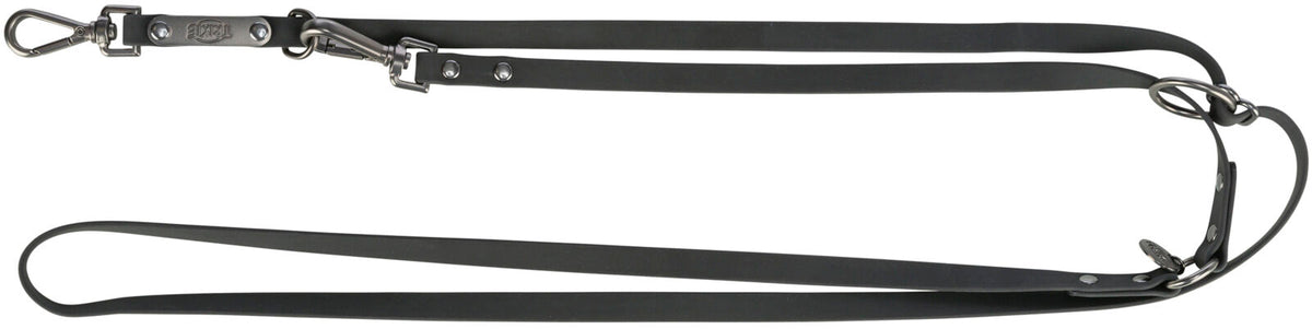 Schwarze Multifunktionsleine mit stabilen Metallkarabinern und mehreren Verstellmöglichkeiten für variablen Einsatz.