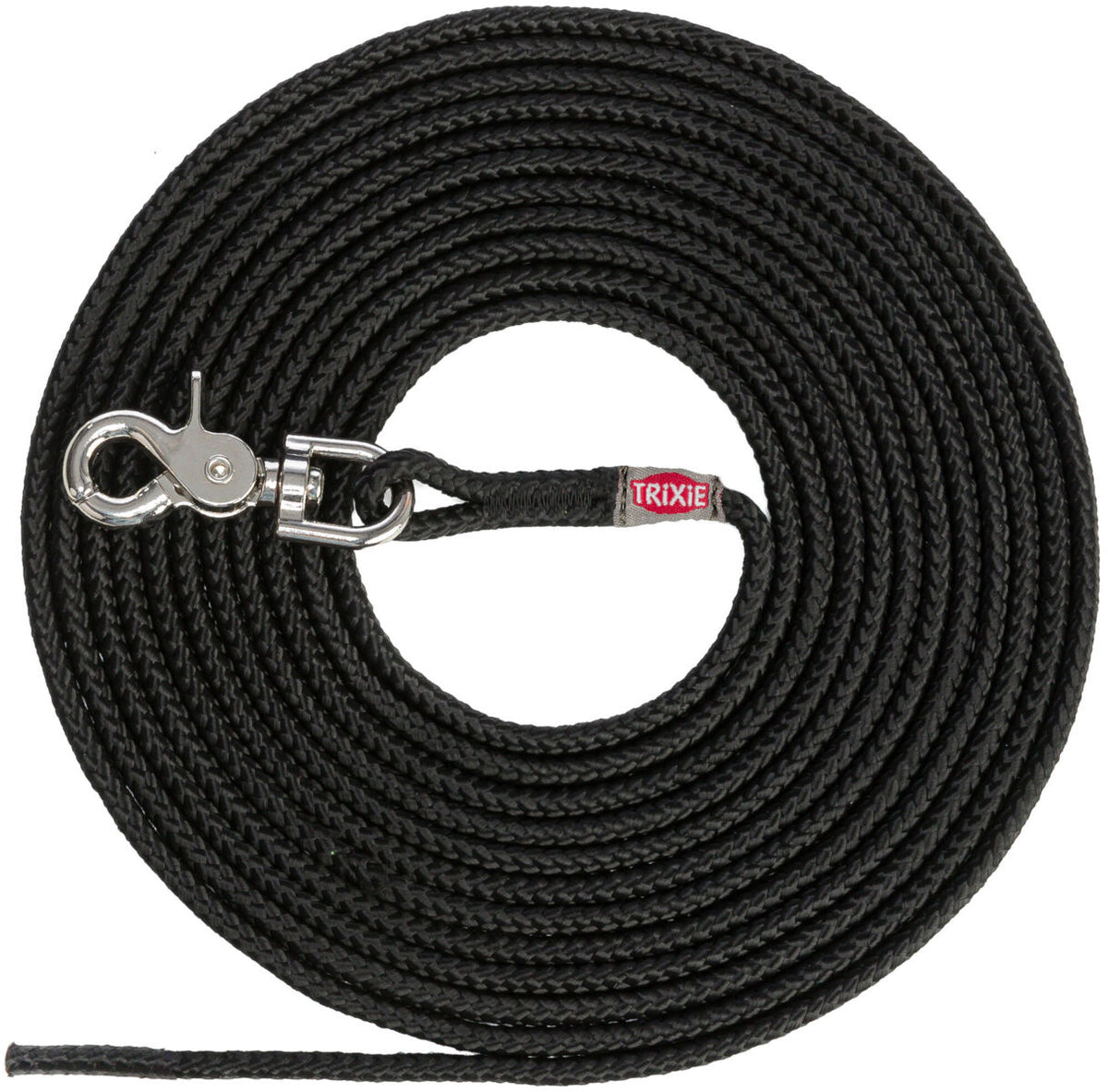 Schwarze, spiralförmig aufgerollte Hundeleine mit silbernem Karabinerhaken und rotem Etikett mit der Aufschrift "TRIXIE".