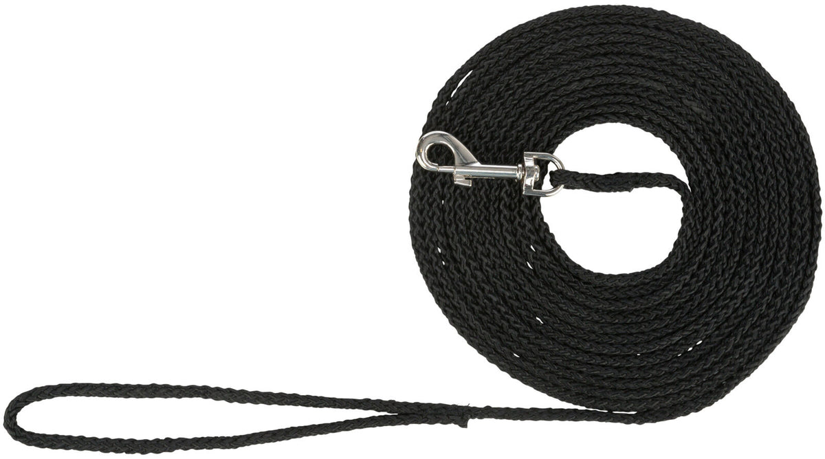 Schwarze, geflochtene Leine mit silbernem Karabinerhaken, aufgerollt liegend.