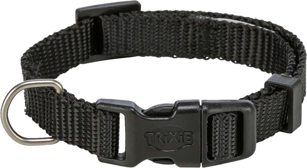 Schwarzes Hundehalsband mit Klickverschluss und Metallschlaufe, verstellbar und aus gewebtem Material.