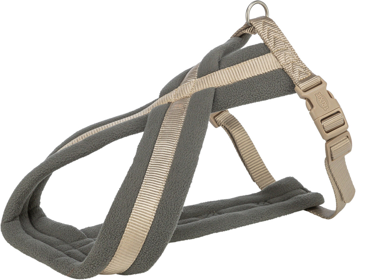 Grau-beige Hundegeschirr mit weicher Polsterung und Schnellverschluss.