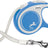 Blaue, ergonomische Hundeleine mit grauem Gurtband und silbernem Karabinerhaken, "flexi Comfort" Aufdruck.
