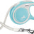 Automatische Hundeleine in Hellblau und Weiß mit Metallkarabiner und Flexi-Logo auf dem Griff.