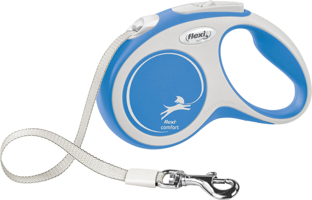 Blaue und weiße Rollleine mit Aufdruck "flexi comfort" und silbernem Karabinerhaken, geeignet für Hunde.