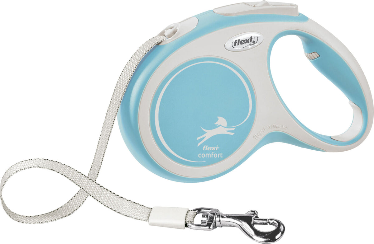 Blaue Hundeleine mit weißem Rand und silbernem Haken, weißer Text und Hundesymbol auf der Oberfläche.