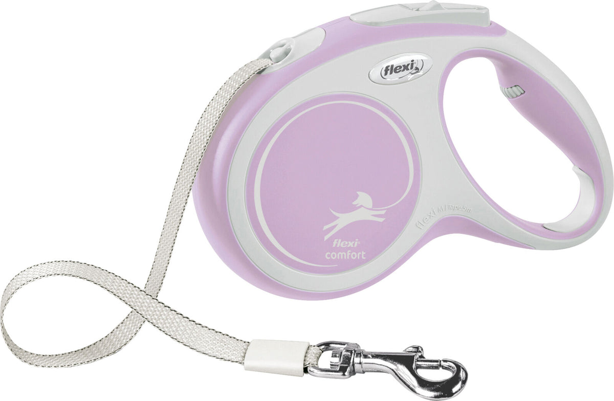 Rosa und weiße ausziehbare Hundeleine mit Metallhaken, Griff und Sichtbarkeitstext "flexi comfort".