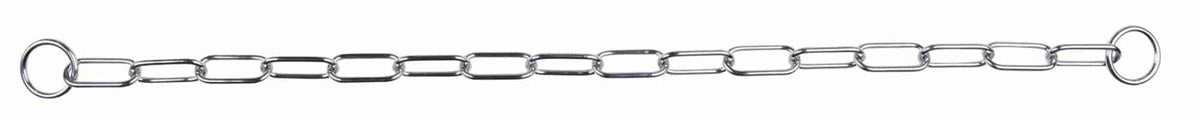 Metallkette mit rechteckigen Kettengliedern und runden Ringen an den Enden auf weißem Hintergrund.