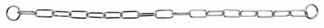 Lange Kette aus metallischen, rechteckigen Gliedern mit kreisförmigen Enden, silberfarben.
