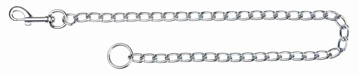Metallkette aus verchromten Gliedern mit Karabinerhaken an einem Ende und rundem Ring am anderen.