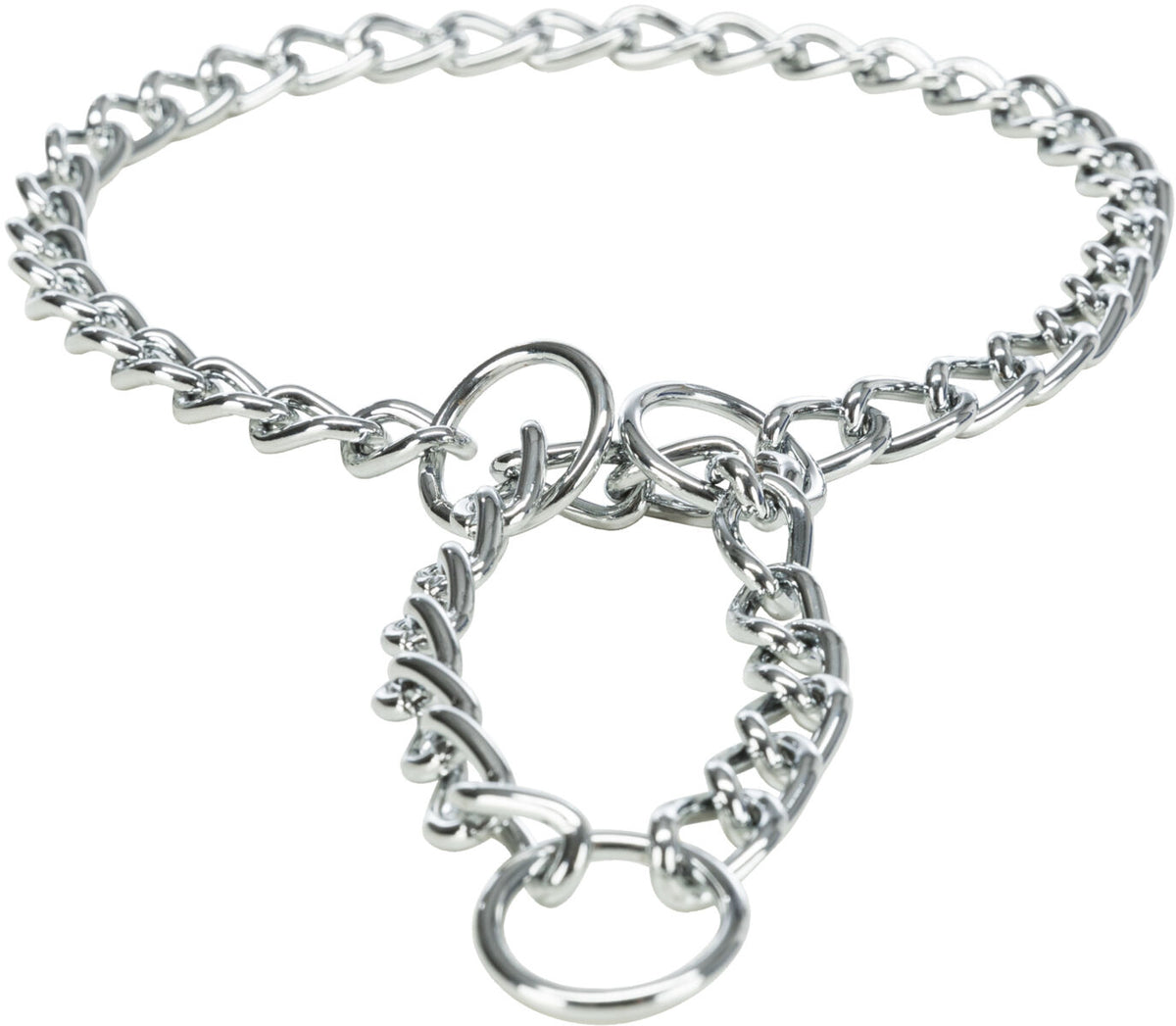 Metallkette mit silbernen Gliedern und runden Ringen, im Kreis gelegt.