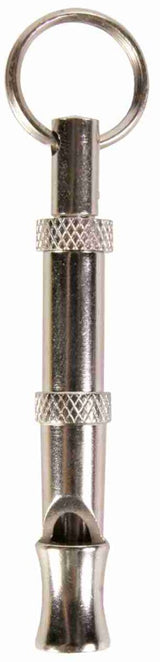 Silberfarbene Metallpfeife mit Ring und geriffeltem Griffbereich.