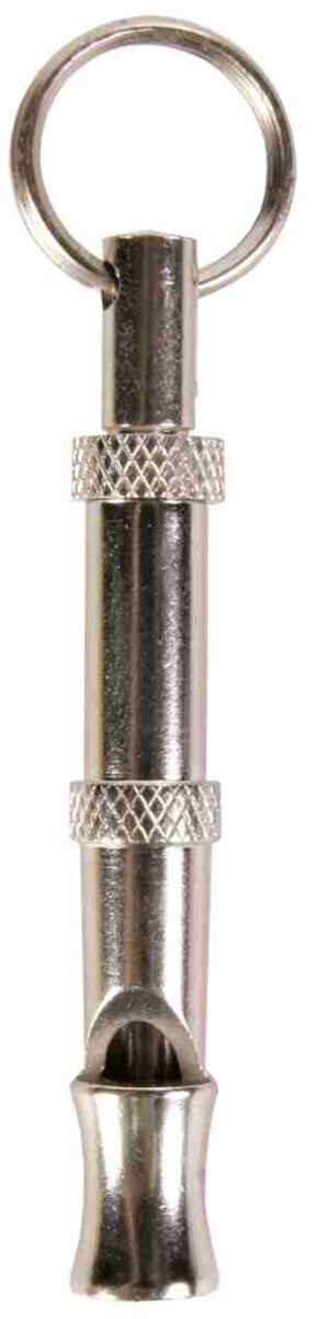 Silberfarbene Metallpfeife mit Ring und geriffeltem Griffbereich.