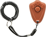 Brauner Klicker mit schwarzem Spiralkabel und Clip.