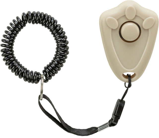 Beigefarbener Klicker mit rotem Knopf und schwarzem, spiralförmigem Armband, verbunden durch eine schwarze Schlaufe.