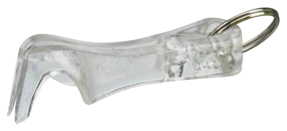 Durchsichtiger Flaschenöffner aus Kunststoff mit eigenartiger Form und einem kleinen Metallring an einem Ende.