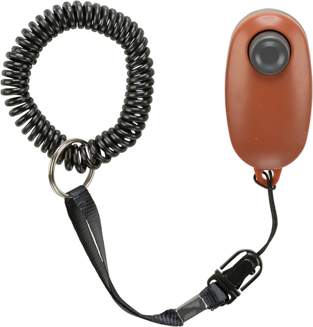 Brauner Klicker mit schwarzem Spiralkabel und Clip für das Hundetraining.