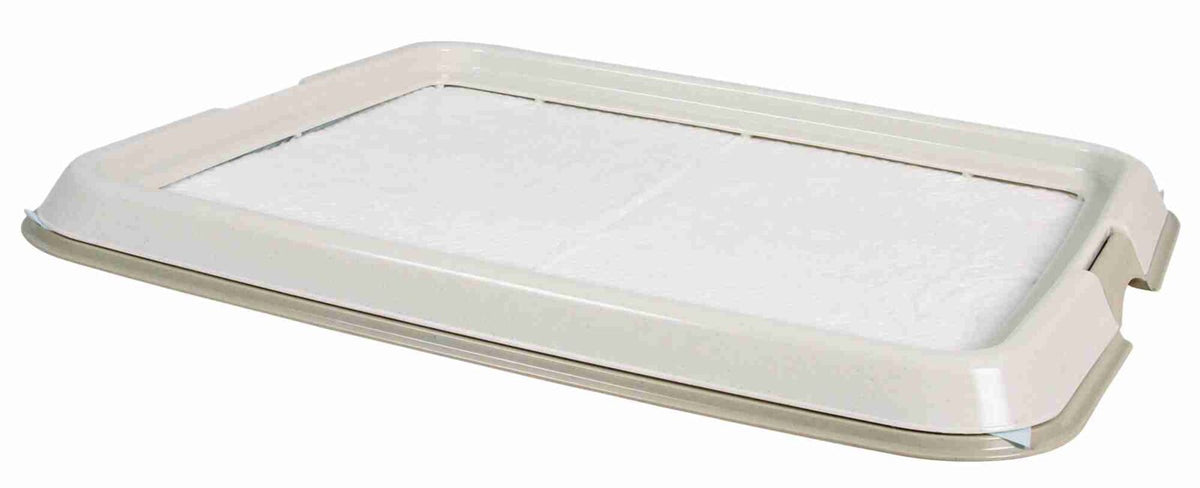 Rechteckige, flache, beige Kunststoffunterlage mit erhöhtem Rand, enthält ein weißes Einlegepad.