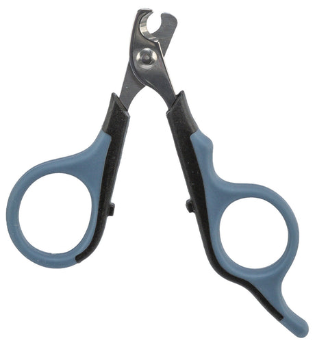 Blaugraue Nagelschere mit schwarzem Griff und gebogener Klinge, geeignet für präzises Schneiden.