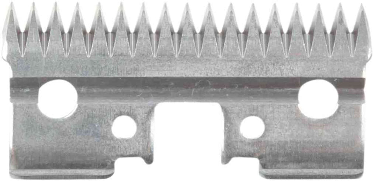 Metallschneideklinge mit gezacktem Rand und mehreren runden Öffnungen, silberfarben.