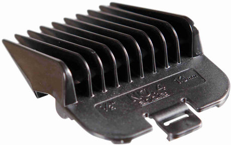 Schwarzer Kammaufsatz für Haarschneidemaschinen mit 1/2 Inch 13 mm Prägung, mehrere parallel verlaufende Zinken.