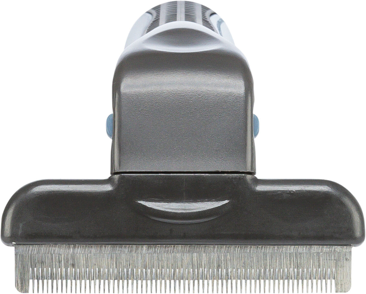 Graues Pflegewerkzeug mit feinen Metallzinken und ergonomischem Griff sichtbar.