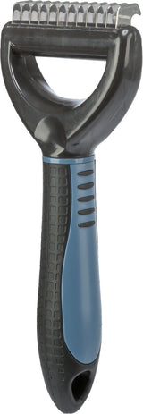 Kamm mit schwarzem Griff und blauen Akzenten sowie silbernen Metallzinken für die Fellpflege.