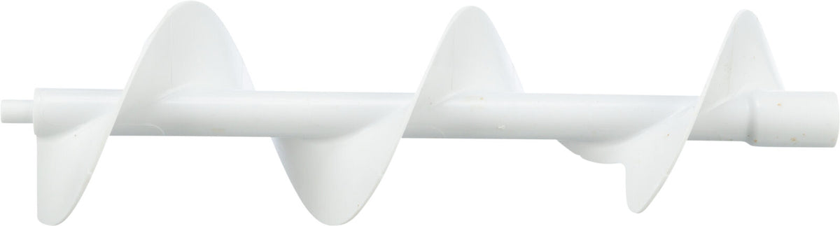 Eine weiße Kunststoffschnecke mit spiralförmigem Design und glatter Oberfläche, horizontale Ausrichtung.