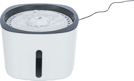 Weißer elektrischer Trinkbrunnen mit schwarzem Rand, sprudelndes Wasser, sichtbarer Wasserstand, mit Kabel.