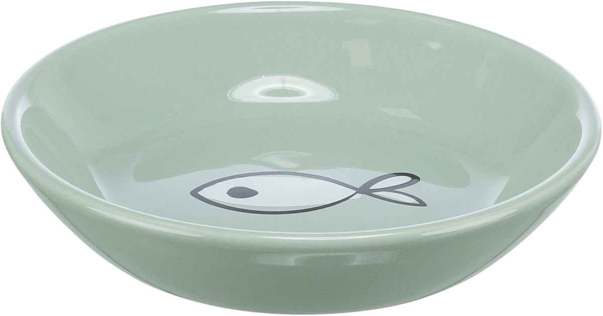 Graue Schale mit Fischsymbol im Inneren, rund und glatt, glänzende Oberfläche.