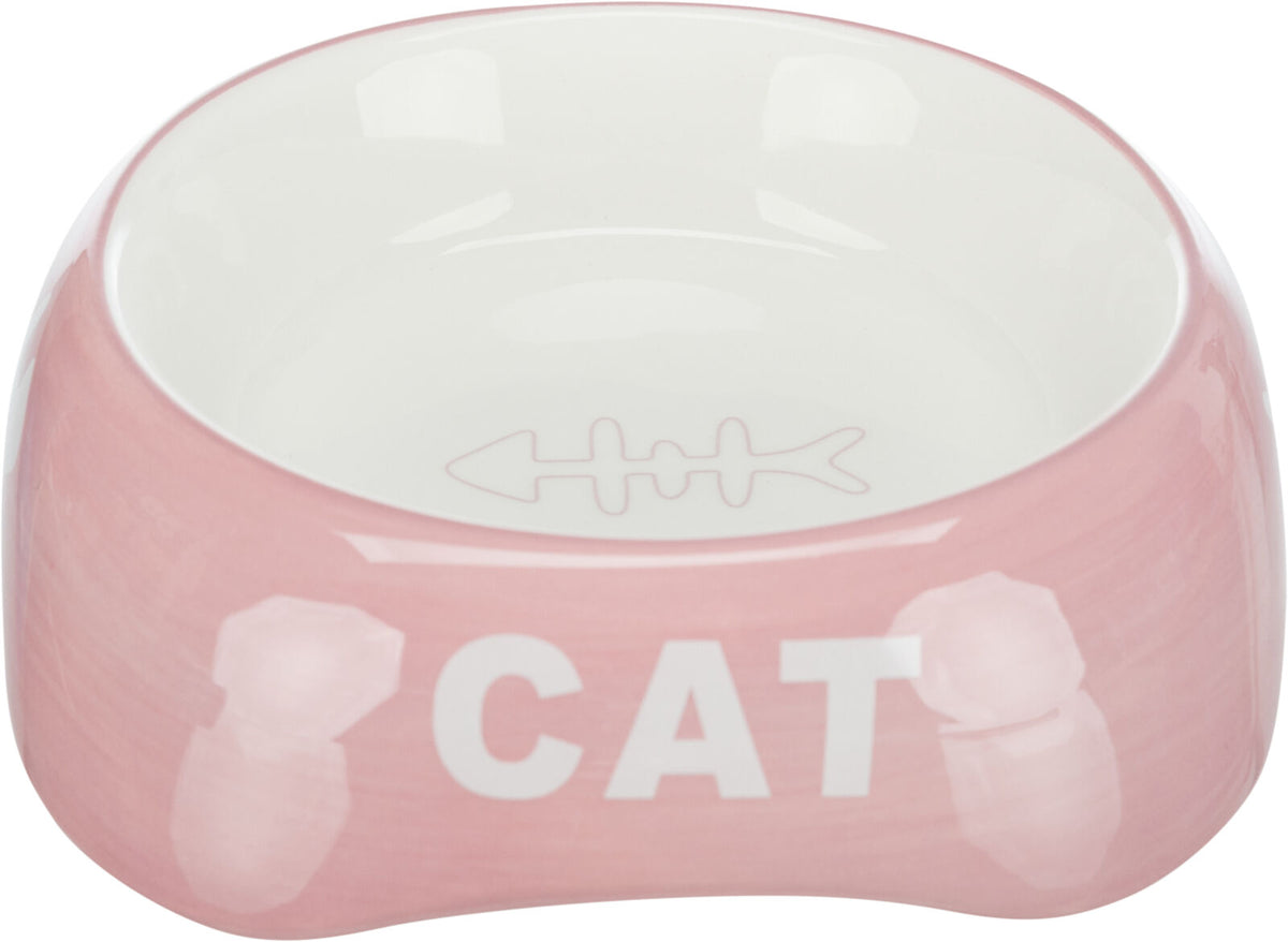 Rosa Fressnapf mit weißer Aufschrift "CAT" und Fischgrätenmotiv innen, glänzende Oberfläche.