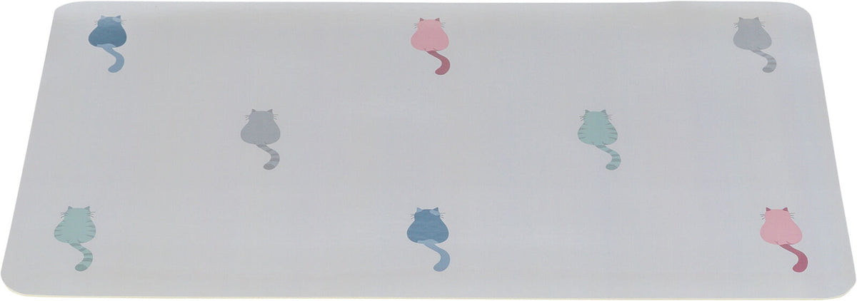 Weiße Unterlage mit farbigen Katzen-Silhouetten in Blau, Grün und Rosa, gleichmäßig verteilt.