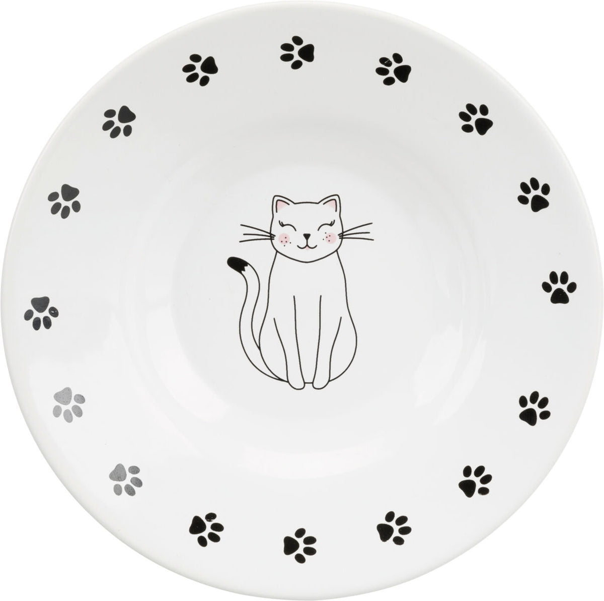 Weiße Schüssel mit Katzendesign in der Mitte und schwarzen Pfotenabdrücken am Rand.