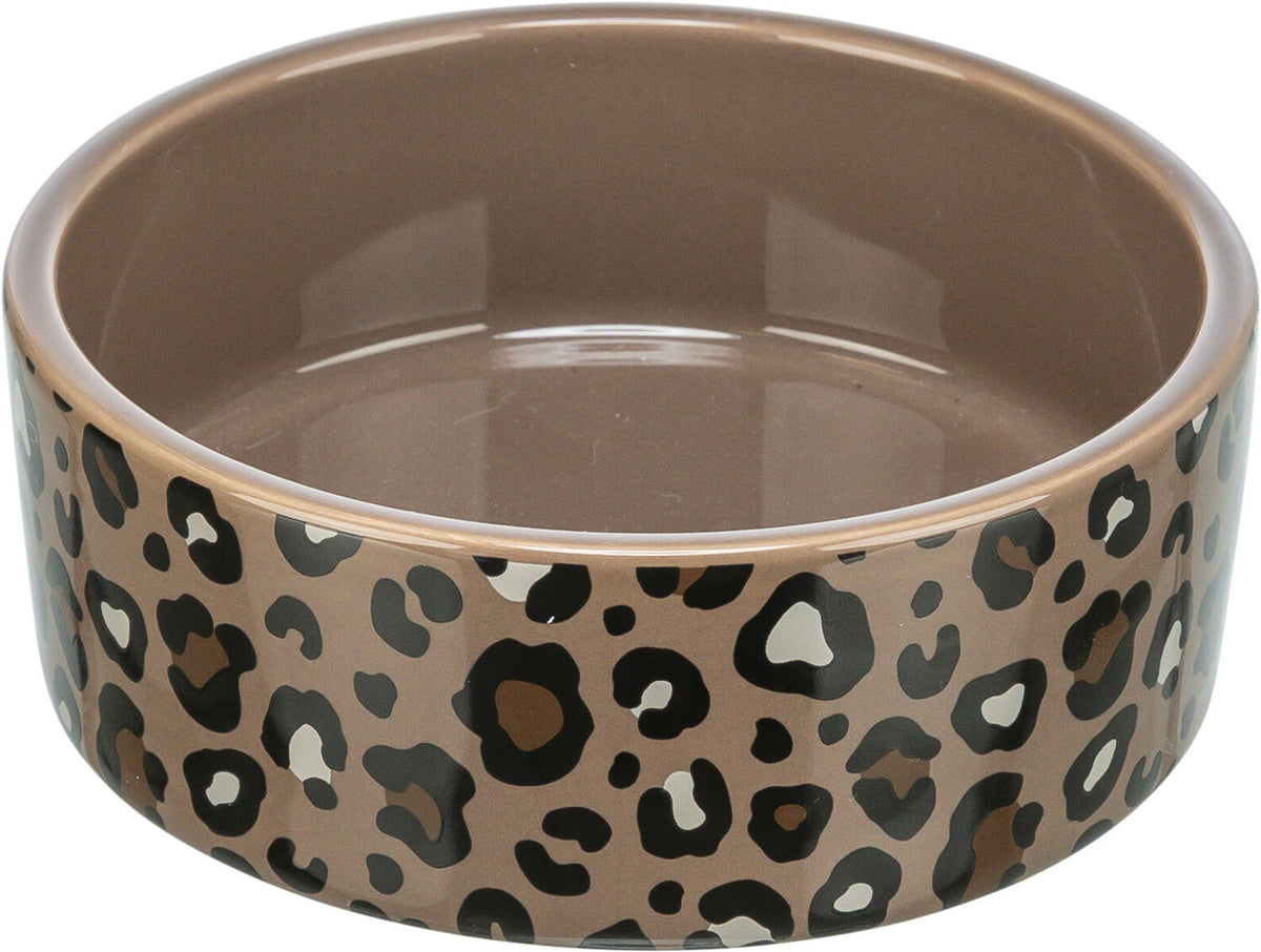 Braune Schüssel mit Leopardenmuster, runde Form, glänzende Oberfläche, sichtbare Innenseite.