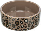 Braune Schüssel mit Leopardenmuster, runde Form, glänzende Oberfläche, sichtbare Innenseite.