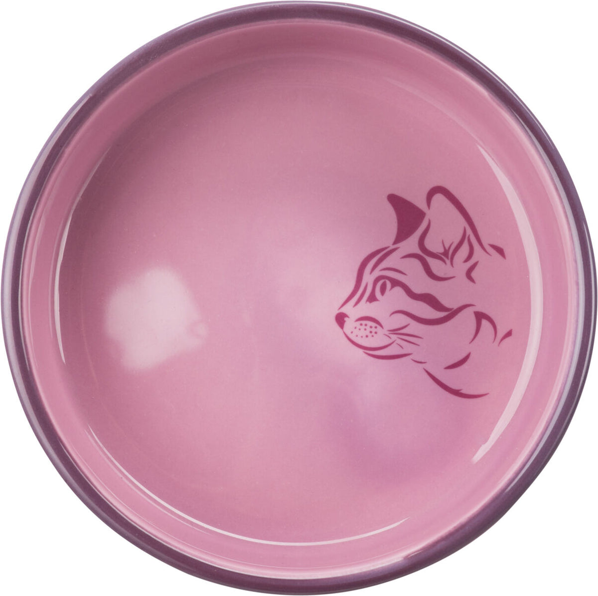 Runde, rosa Katzenschale mit gezeichnetem Katzengesicht am Rand.