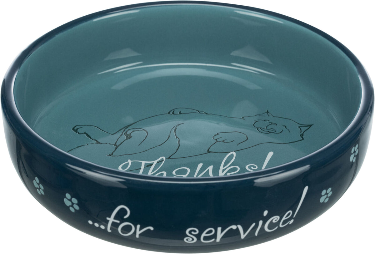 Dunkelblaue Futterschale mit gezeichneter Katze und dem Text "Thanks for service!" auf der Innenseite.