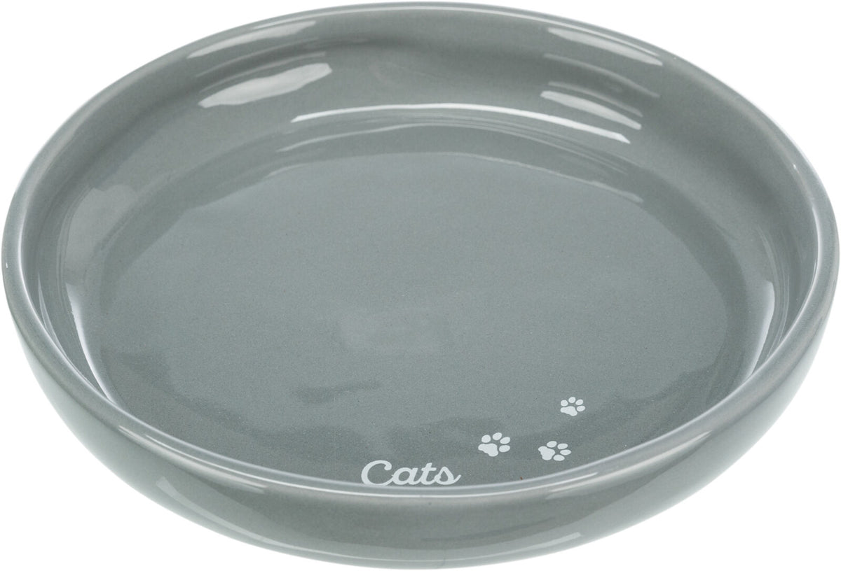 Runde, graue Katzenschale mit dem Schriftzug "Cats" und drei weißen Pfotenabdrücken am Rand.