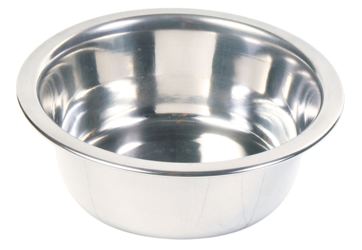 Metallschüssel aus glänzendem Edelstahl mit breitem Rand und runder Form.