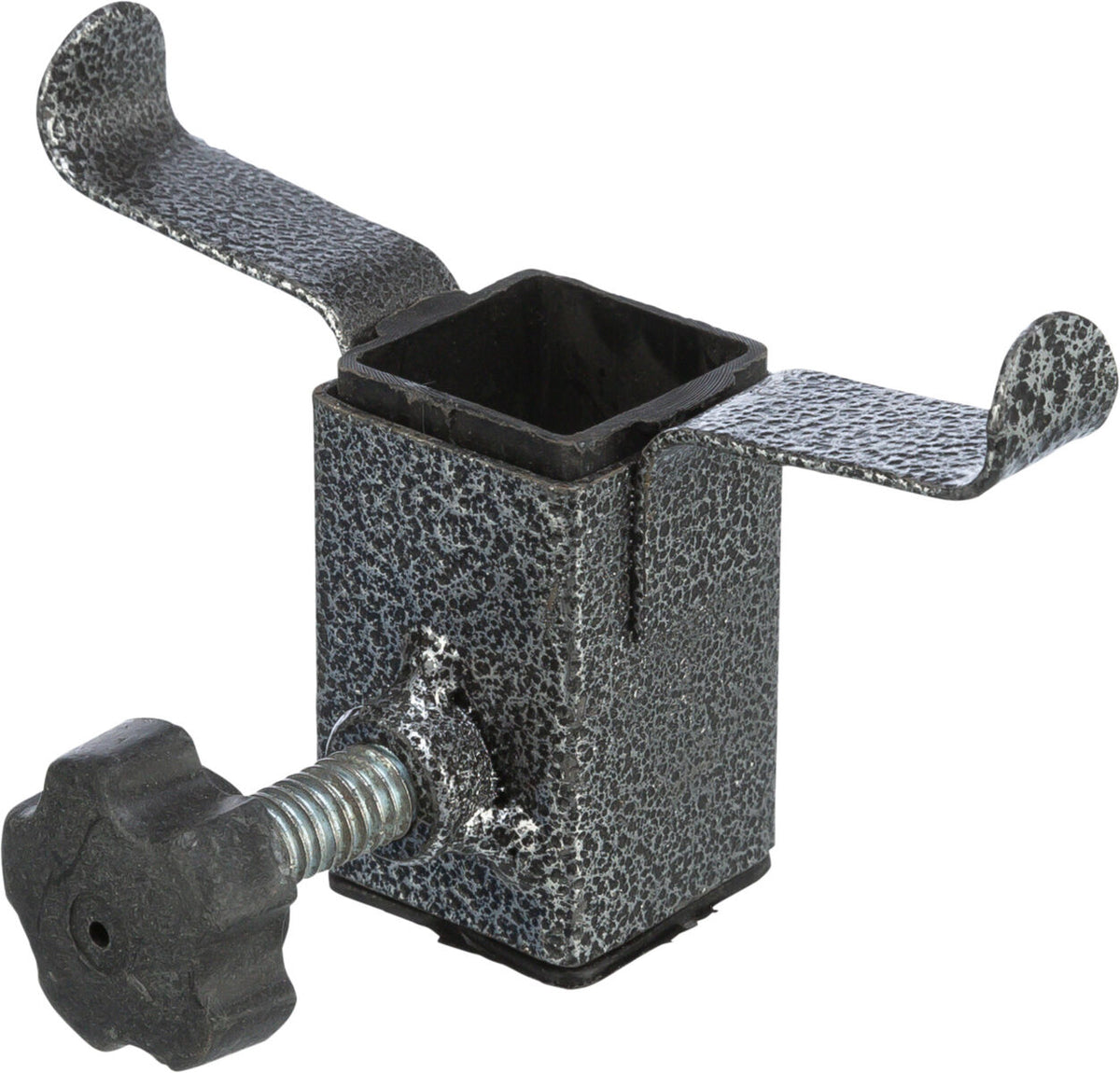 Metallische Klemme mit einem Schraubmechanismus und zwei seitlichen Flügeln, Oberfläche grau gesprenkelt.