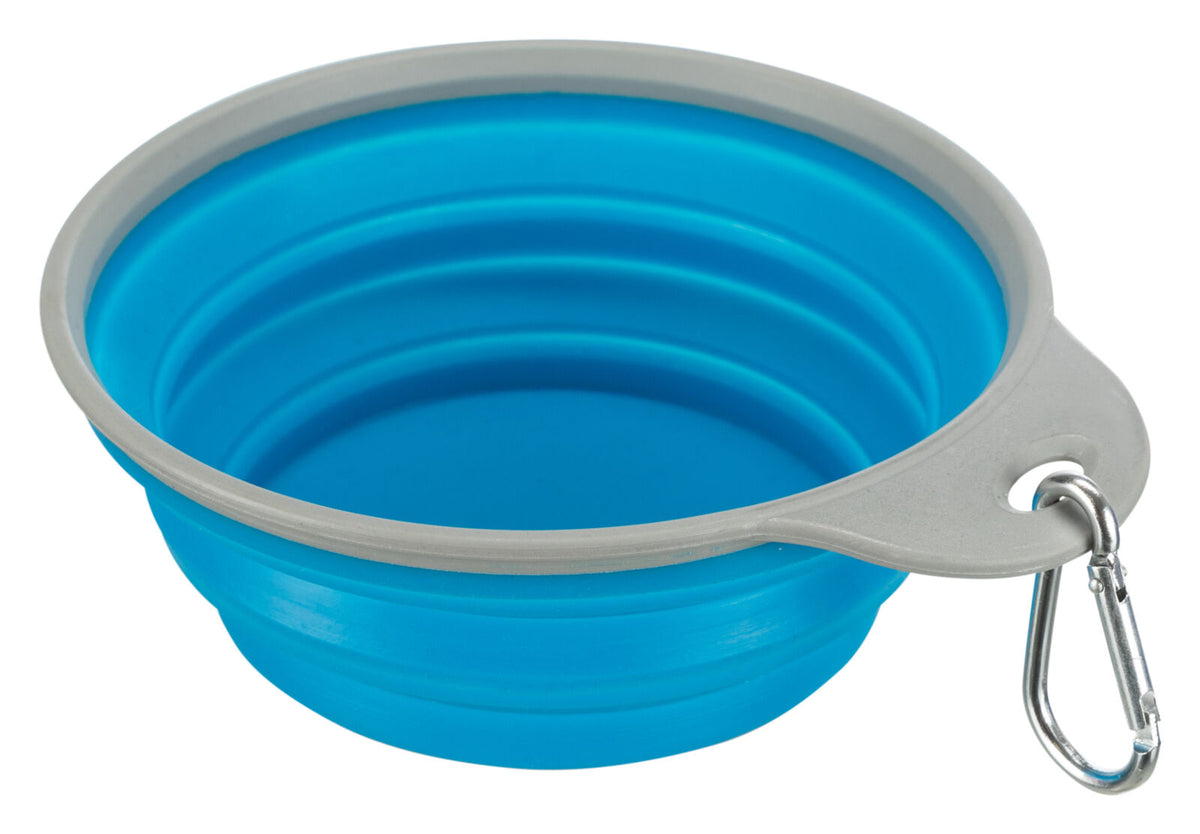 Kollapsible blaue Silikonschüssel mit grauem Rand und Metallkarabiner.