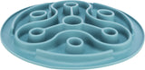 Rundes, blaues Labyrinth-Design mit erhöhten Kanten und Wänden, flach auf einer Oberfläche liegend.