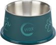 Futternapf aus Edelstahl mit blauer Außenseite und Pfotenabdrücken, mittig steht "Woof".