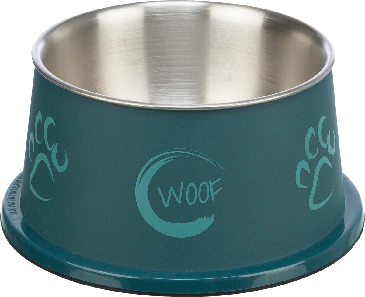 Futternapf aus Edelstahl mit blauer Außenseite und Pfotenabdrücken, mittig steht "Woof".