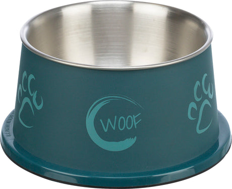 Futternapf aus Edelstahl mit blauer Außenseite und Pfotenabdrücken, mittig steht "Woof".