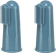 Zwei blaue Silikonfingerzahnbürsten mit kurzen Borsten und glatter Oberfläche.