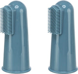 Zwei blaue Silikonfingerzahnbürsten mit kurzen Borsten und glatter Oberfläche.