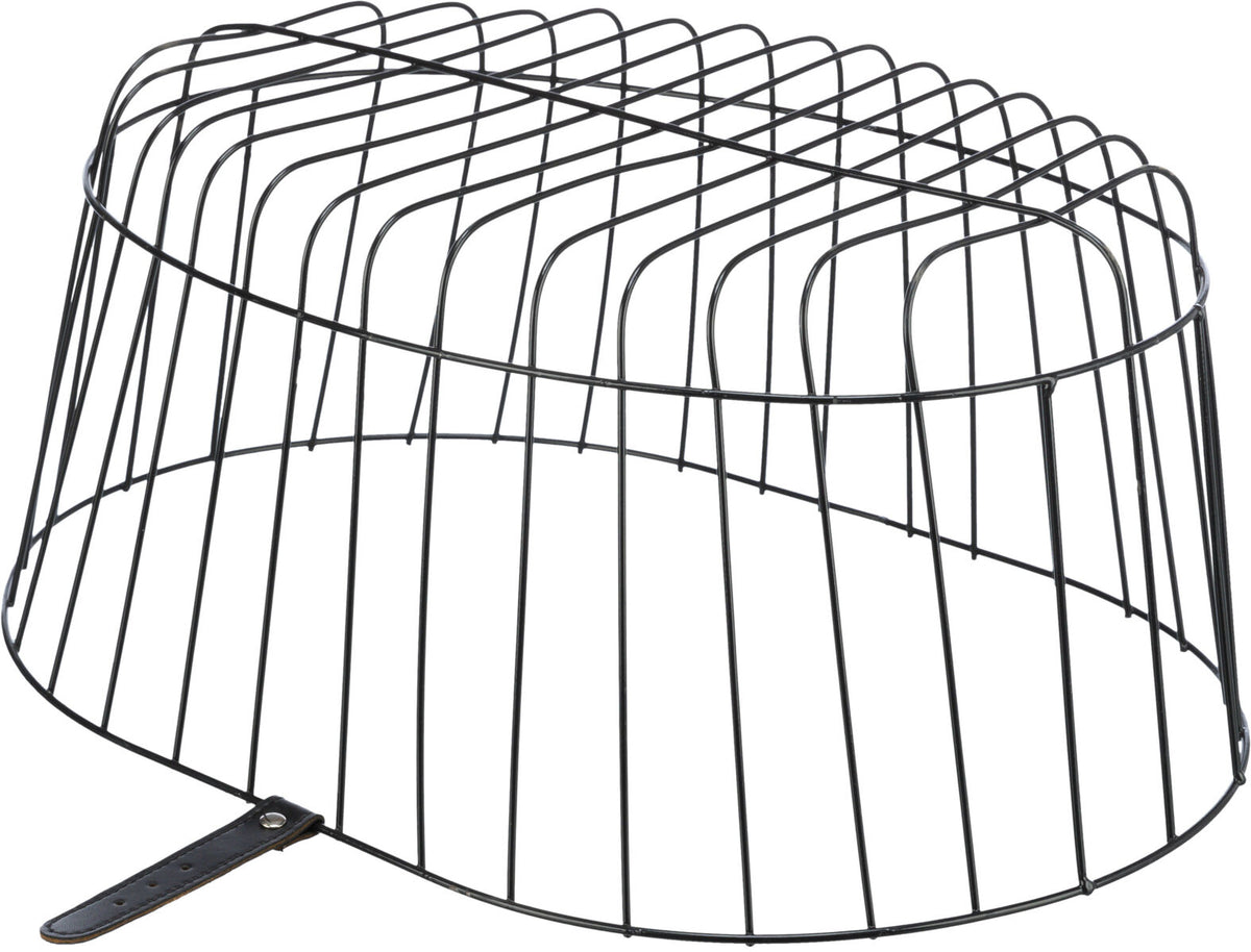 Schwarzes, gewölbtes Metallgitter mit Lederbefestigung für Fahrradkorb.